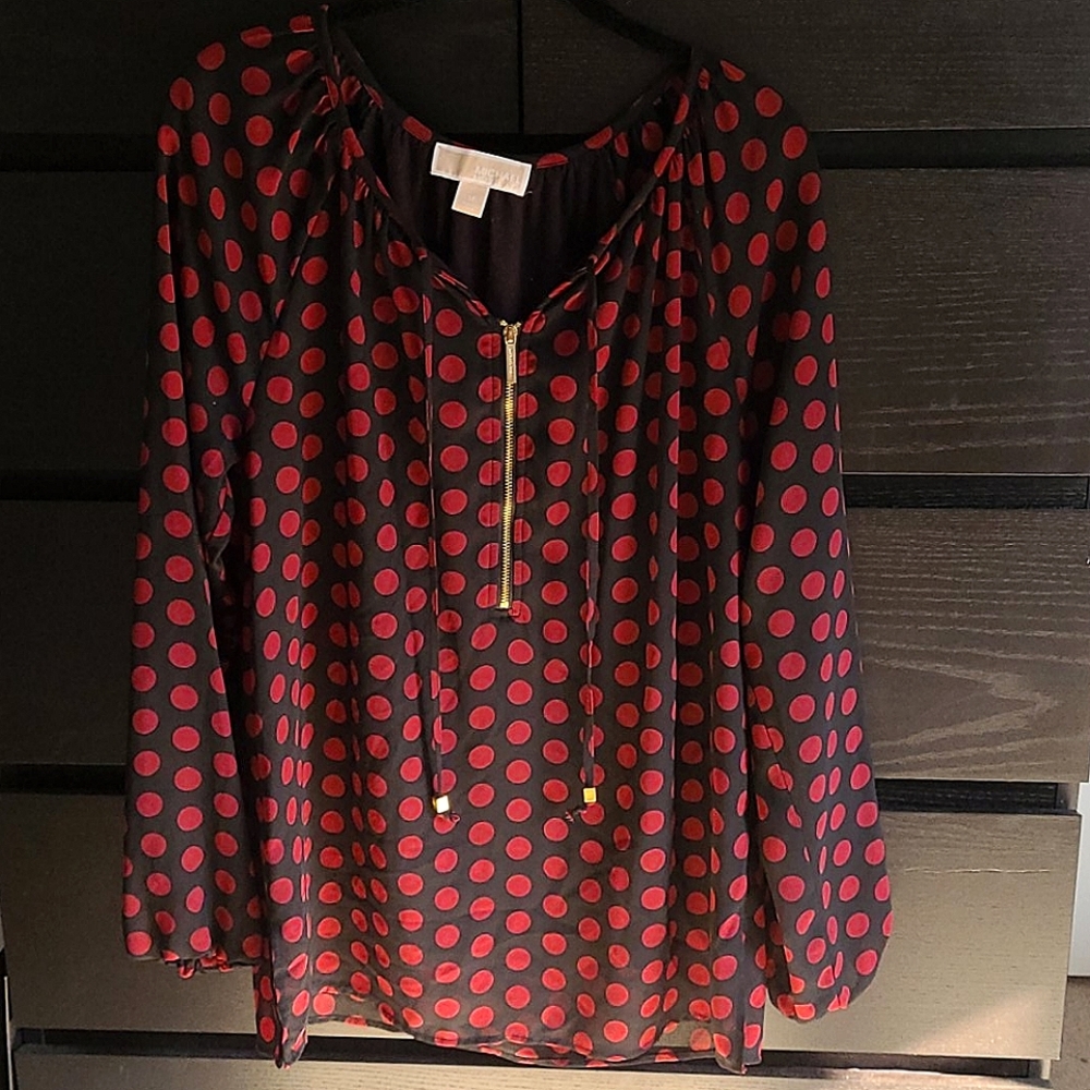 Michael Kors polka dot maroon black gold blouse